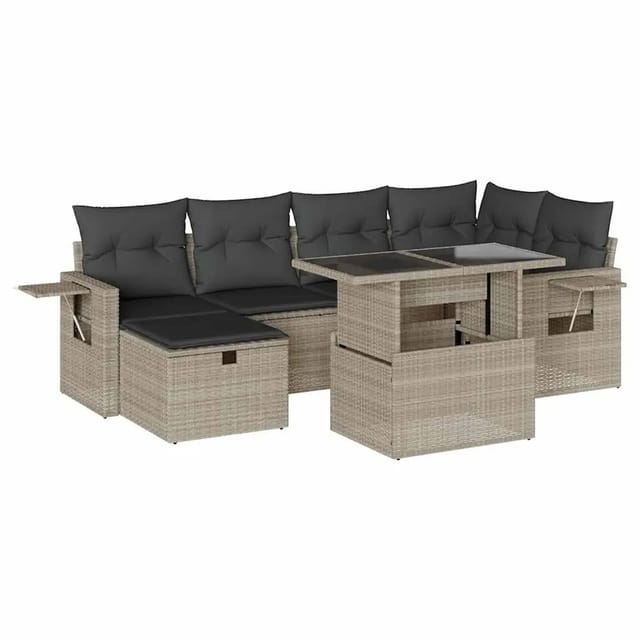 vidaXL 7-Tlg Garten-Sofagarnitur mit Kissen Hellgrau Poly Rattan 3274982