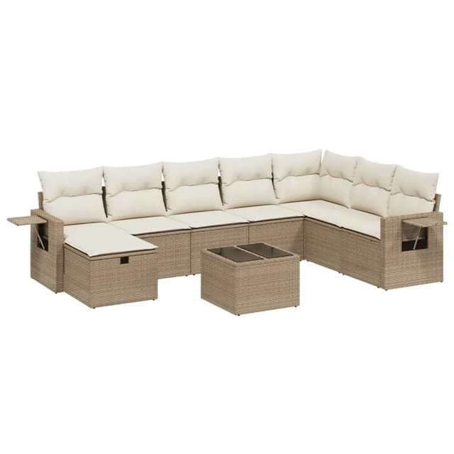 vidaXL 9-Tlg Garten-Sofagarnitur mit Kissen Beige Poly Rattan 3263904