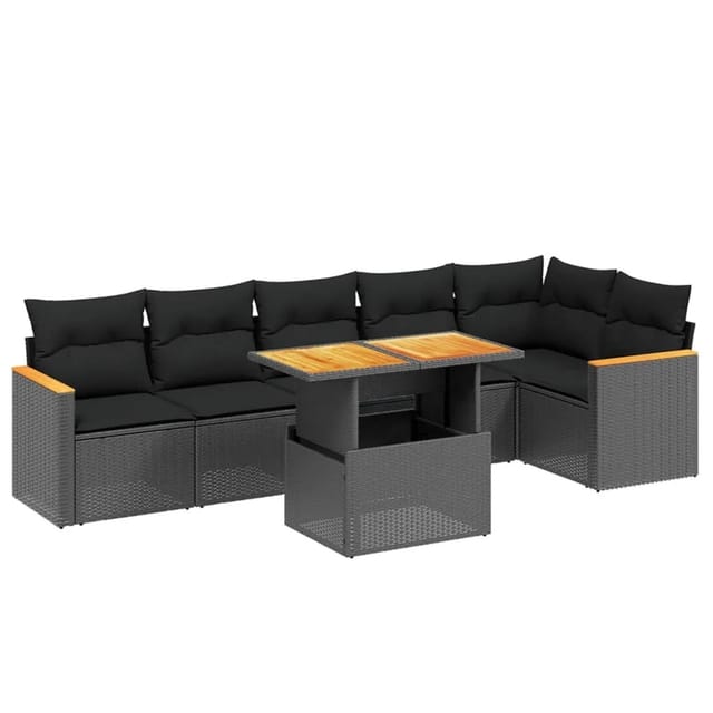vidaXL 7-Tlg Garten-Sofagarnitur mit Kissen Schwarz Poly Rattan 3273085