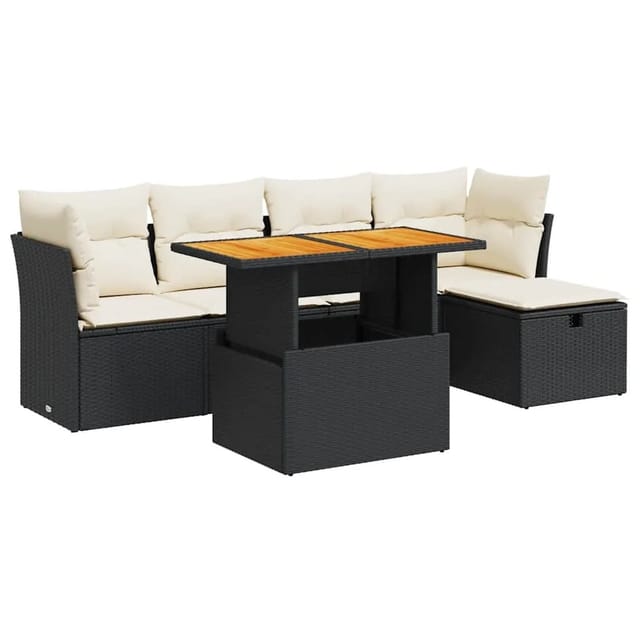 vidaXL 6-Tlg Garten-Sofagarnitur mit Kissen Schwarz Poly Rattan 3327966
