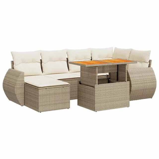 vidaXL 7-Tlg Garten-Sofagarnitur mit Kissen Beige Poly Rattan 3327285