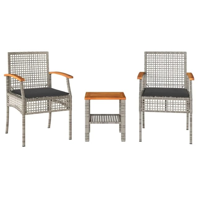 vidaXL 3-Tlg Bistro-Set mit Kissen Grau Poly Rattan Akazienholz 366260