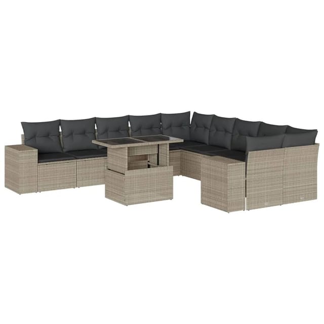 vidaXL 11-Tlg Garten-Sofagarnitur mit Kissen Hellgrau Poly Rattan 3269432