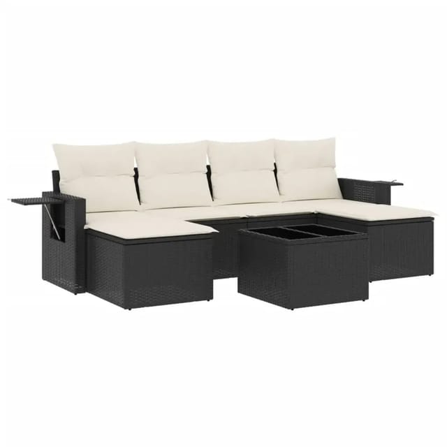 vidaXL 7-Tlg Garten-Sofagarnitur mit Kissen Schwarz Poly Rattan 3252863