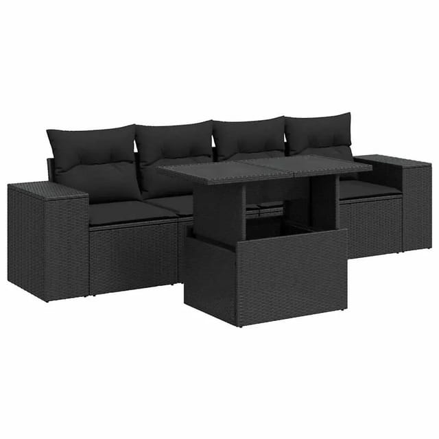 vidaXL 5-Tlg Garten-Sofagarnitur mit Kissen Schwarz Poly Rattan 3326716