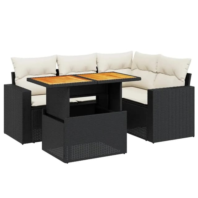 vidaXL 5-Tlg Garten-Sofagarnitur mit Kissen Schwarz Poly Rattan 3271294