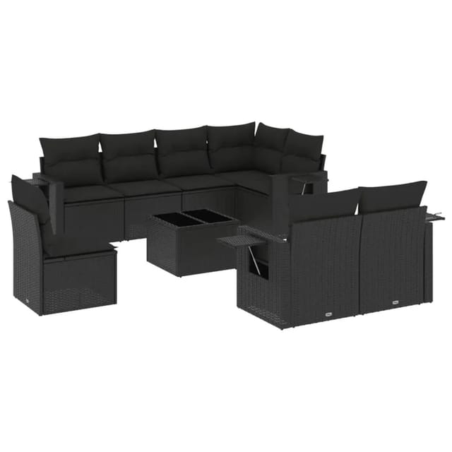 vidaXL 9-Tlg Garten-Sofagarnitur mit Kissen Schwarz Poly Rattan 3220444