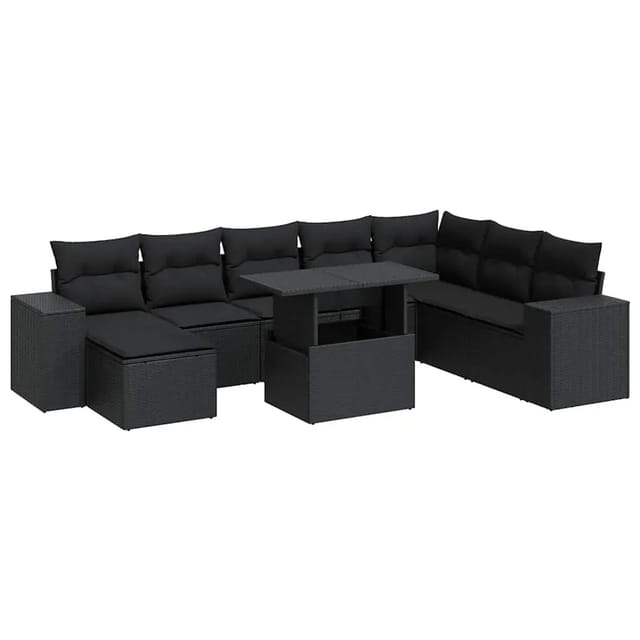 vidaXL 9-Tlg Garten-Sofagarnitur mit Kissen Schwarz Poly Rattan 3326846