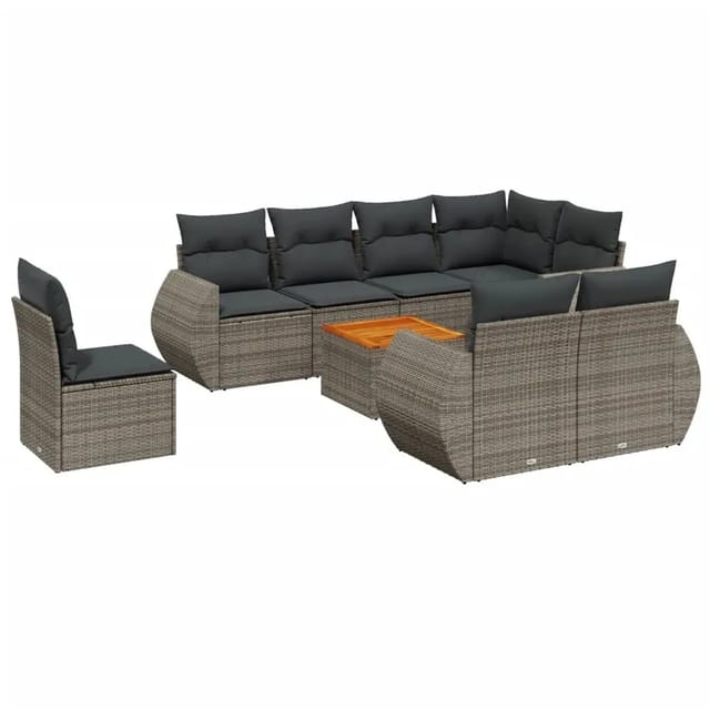 vidaXL 9-Tlg Garten-Sofagarnitur mit Kissen Grau Poly Rattan 3225101