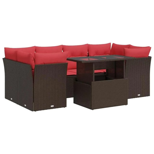 vidaXL 7-Tlg Garten-Sofagarnitur mit Kissen Braun Poly Rattan Akazie 3326115