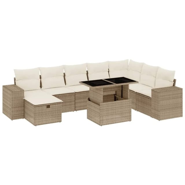 vidaXL 9-Tlg Garten-Sofagarnitur mit Kissen Beige Poly Rattan 3275348