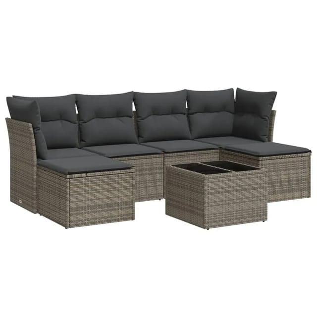 vidaXL 7-Tlg Garten-Sofagarnitur mit Kissen Grau Poly Rattan 3218020
