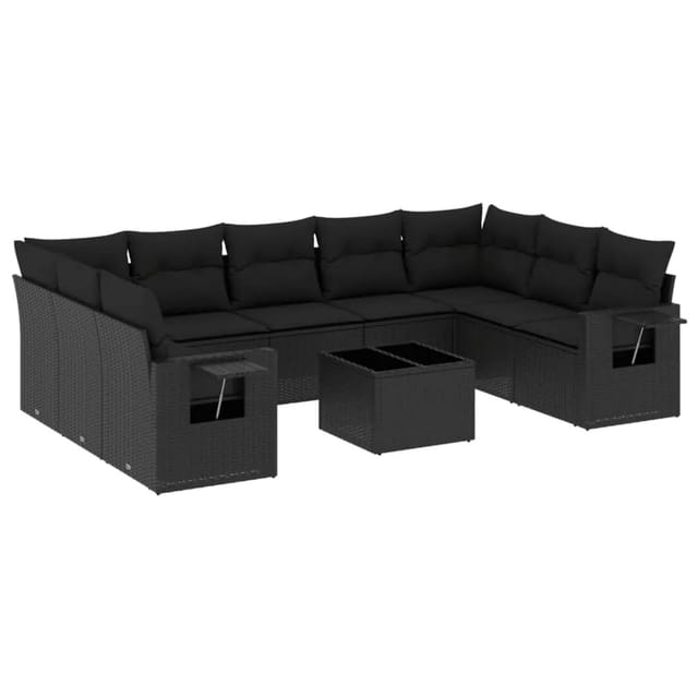 vidaXL 10-Tlg Garten-Sofagarnitur mit Kissen Schwarz Poly Rattan 3220604
