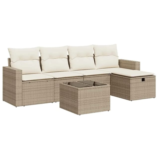 vidaXL 6-Tlg Garten-Sofagarnitur mit Kissen Beige Poly Rattan 3325374