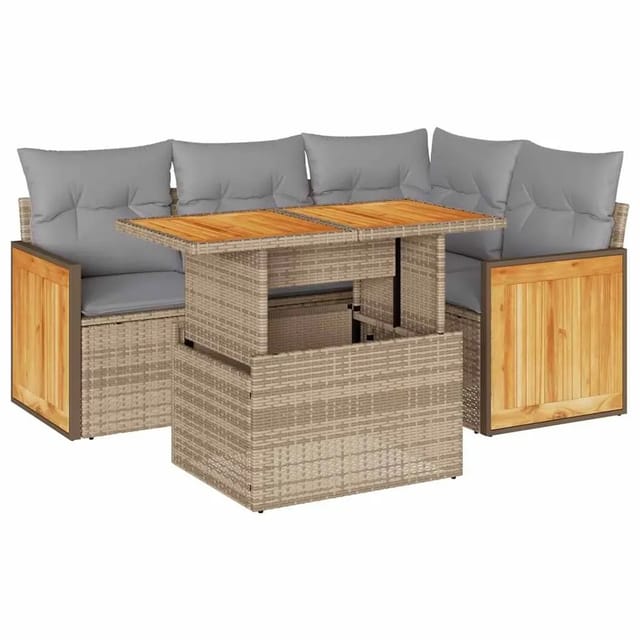 vidaXL 5-Tlg Garten-Sofagarnitur mit Kissen Beige Poly Rattan Akazie 3327706