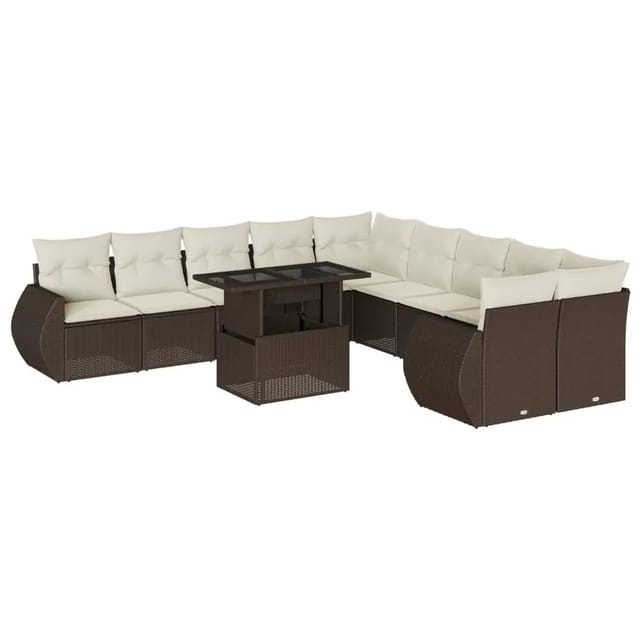 vidaXL 11-Tlg Garten-Sofagarnitur mit Kissen Braun Poly Rattan 3268803