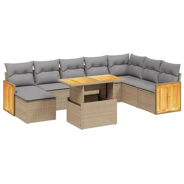 vidaXL 9-Tlg Garten-Sofagarnitur mit Kissen Beige Poly Rattan 3274097