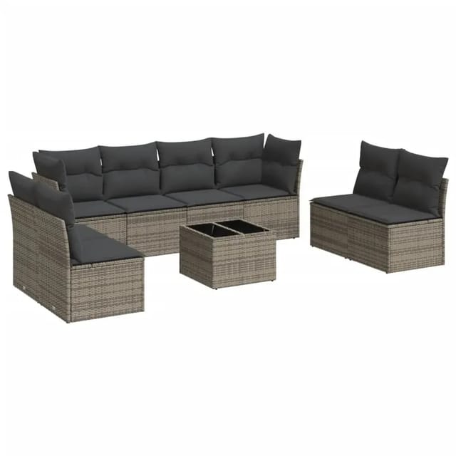 vidaXL 9-Tlg Garten-Sofagarnitur mit Kissen Grau Poly Rattan 3217460
