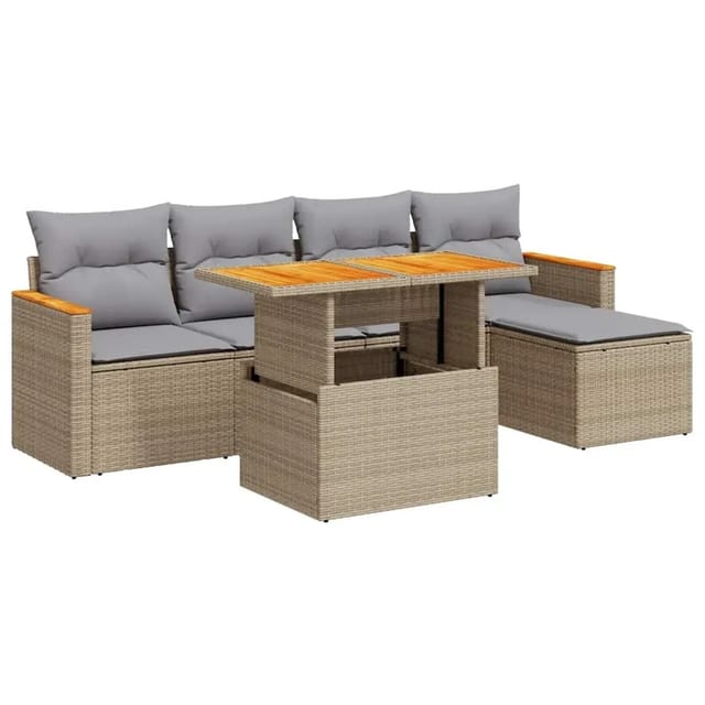 vidaXL 6-Tlg Garten-Sofagarnitur mit Kissen Beige Poly Rattan Akazie 3327475