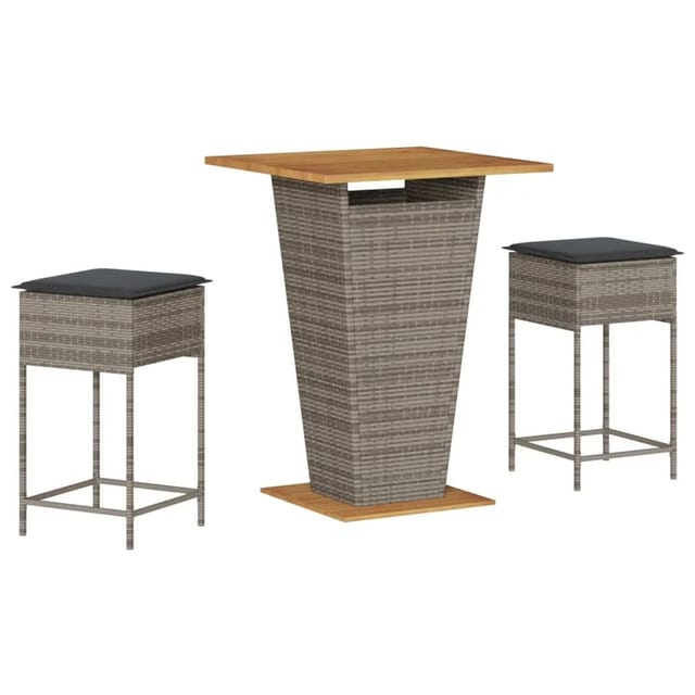 vidaXL 3-Tlg Gartenbar-Set mit Kissen Grau Poly Rattan 3261482