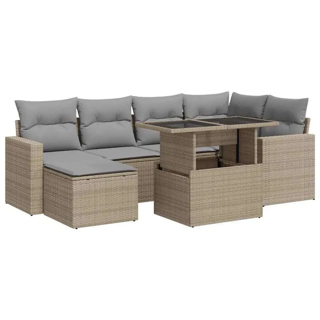 vidaXL 7-Tlg Garten-Sofagarnitur mit Kissen Beige Poly Rattan 3326350