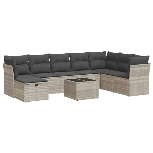 vidaXL 9-Tlg Garten-Sofagarnitur mit Kissen Hellgrau Poly Rattan 3325348