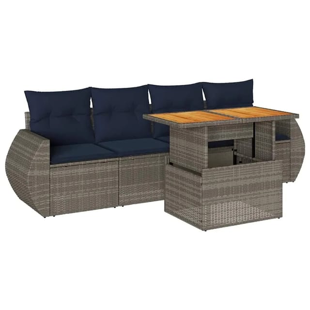 vidaXL 5-Tlg Garten-Sofagarnitur mit Kissen Grau Poly Rattan 3327211