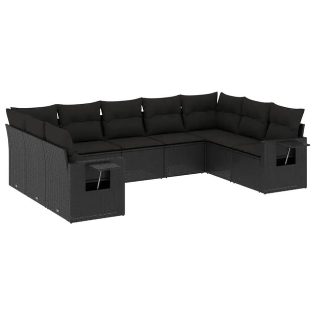 vidaXL 9-Tlg Garten-Sofagarnitur mit Kissen Schwarz Poly Rattan 3252932