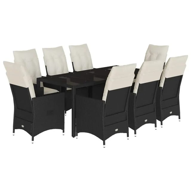 vidaXL 9-Tlg Garten-Essgruppe mit Kissen Schwarz Poly Rattan 3276698