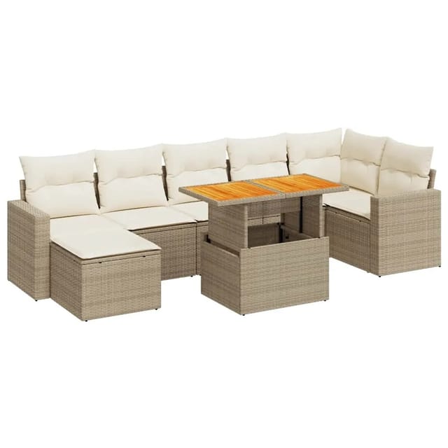 vidaXL 8-Tlg Garten-Sofagarnitur mit Kissen Beige Poly Rattan 3327068