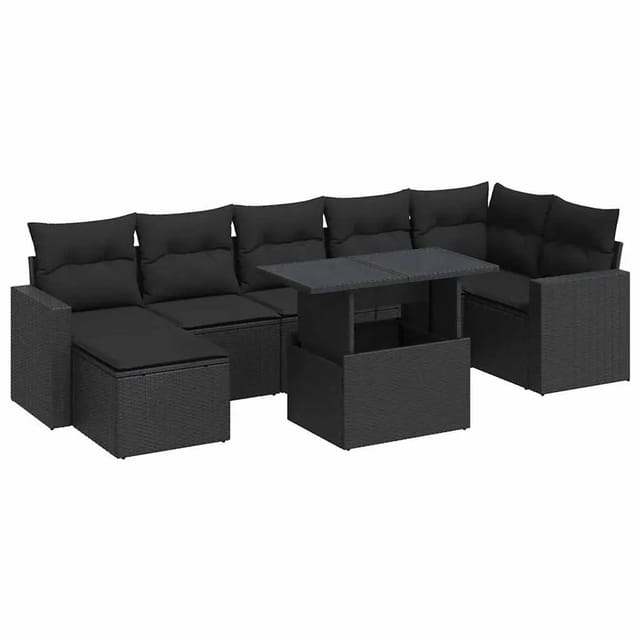 vidaXL 8-Tlg Garten-Sofagarnitur mit Kissen Schwarz Poly Rattan 3326356