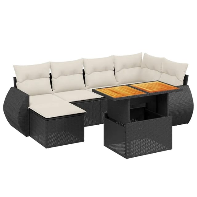 vidaXL 7-Tlg Garten-Sofagarnitur mit Kissen Schwarz Poly Rattan 3272295