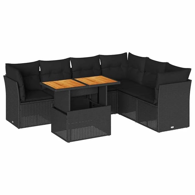 vidaXL 7-Tlg Garten-Sofagarnitur mit Kissen Schwarz Poly Rattan 3326932