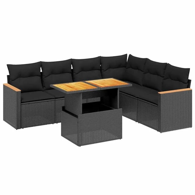 vidaXL 7-Tlg Garten-Sofagarnitur mit Kissen Schwarz Poly Rattan 3273092