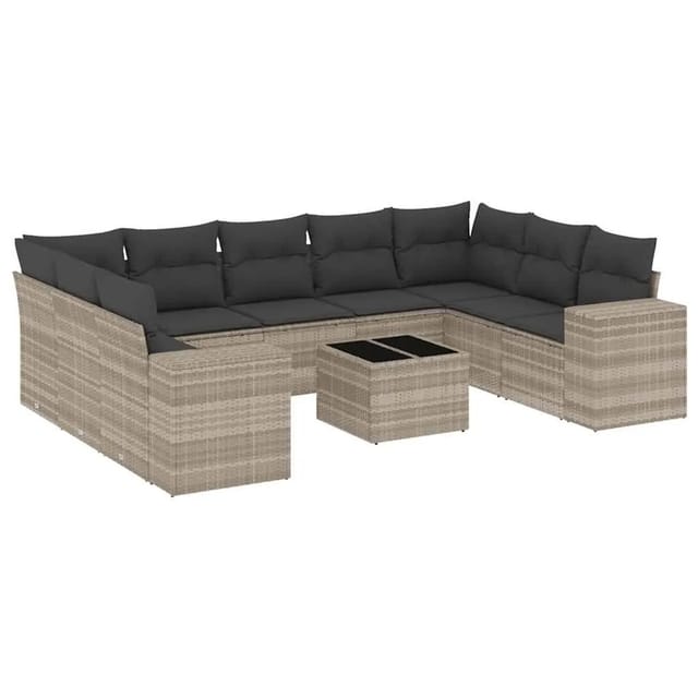 vidaXL 10-Tlg Garten-Sofagarnitur mit Kissen Hellgrau Poly Rattan 3223011