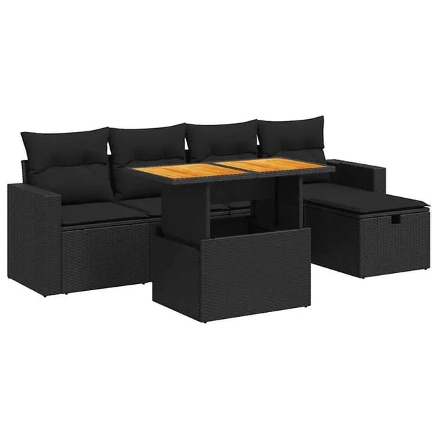 vidaXL 6-Tlg Garten-Sofagarnitur mit Kissen Schwarz Poly Rattan 3327993