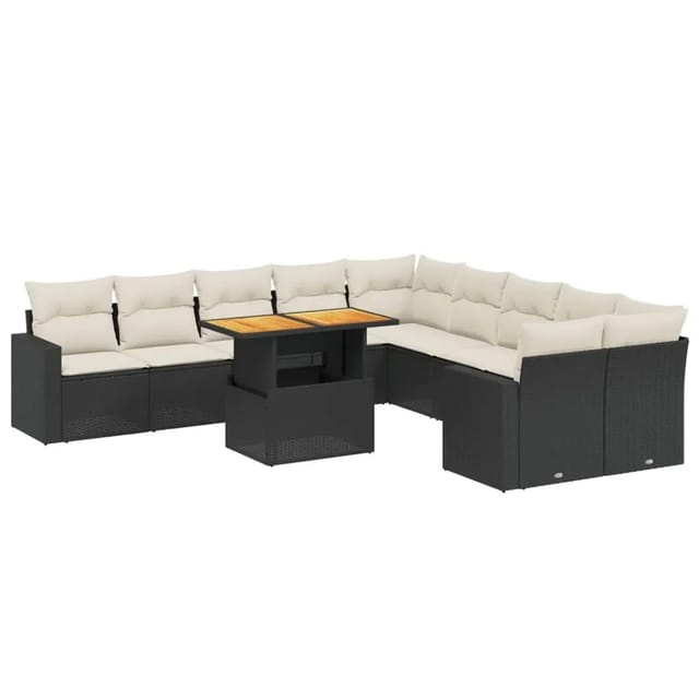 vidaXL 11-Tlg Garten-Sofagarnitur mit Kissen Schwarz Poly Rattan 3271504