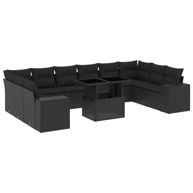 vidaXL 11-Tlg Garten-Sofagarnitur mit Kissen Schwarz Poly Rattan 3269405