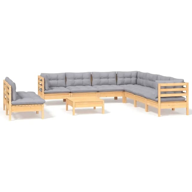 vidaXL 10-Tlg Garten-Lounge-Set mit Grauen Kissen Massivholz Kiefer 3096832