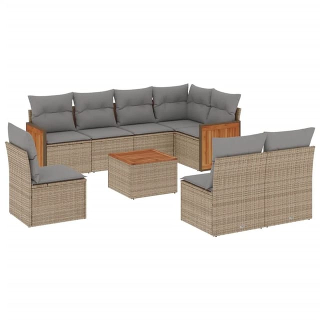vidaXL 9-Tlg Garten-Sofagarnitur mit Kissen Beige Poly Rattan 3260134