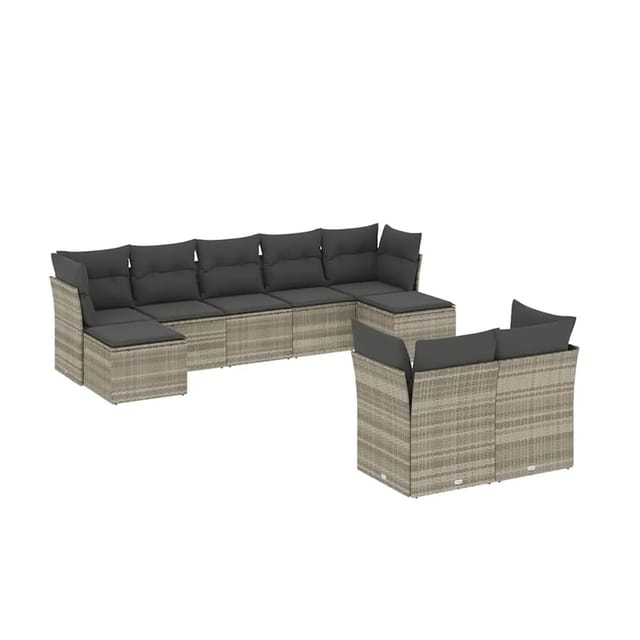 vidaXL 9-Tlg Garten-Sofagarnitur mit Kissen Hellgrau Poly Rattan 3218312