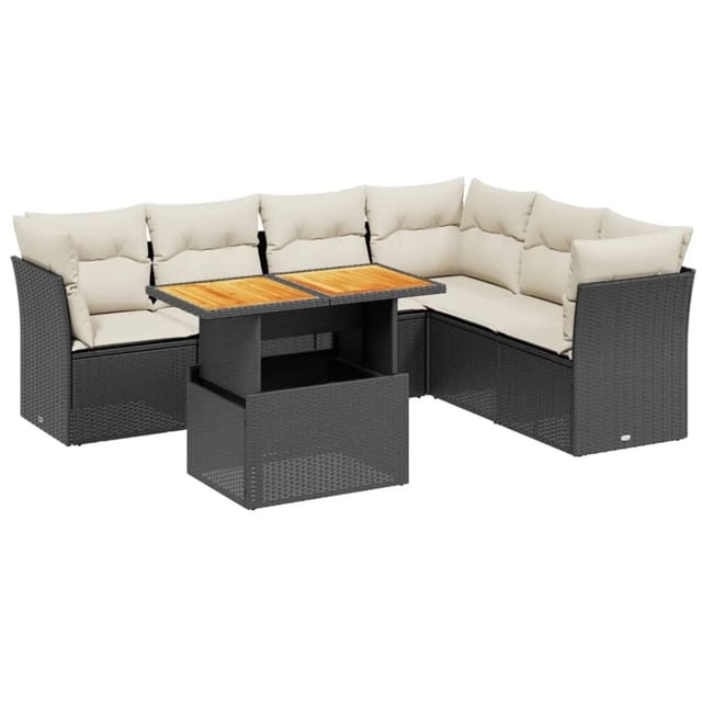 vidaXL 7-Tlg Garten-Sofagarnitur mit Kissen Schwarz Poly Rattan 3270846