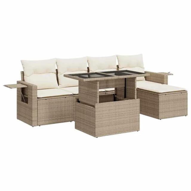 vidaXL 6-Tlg Garten-Sofagarnitur mit Kissen Beige Poly Rattan 3326459