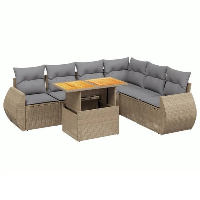 vidaXL 7-Tlg Garten-Sofagarnitur mit Kissen Beige Poly Rattan 3272214