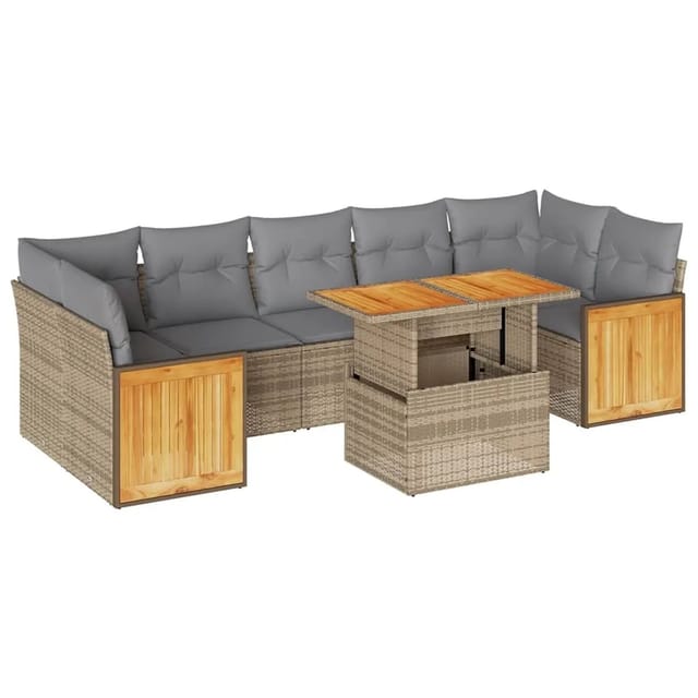 vidaXL 8-Tlg Garten-Sofagarnitur mit Kissen Beige Poly Rattan Akazie 3327685