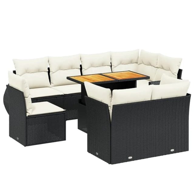 vidaXL 9-Tlg Garten-Sofagarnitur mit Kissen Schwarz Poly Rattan 3272288