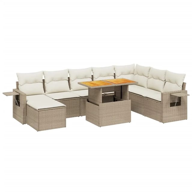 vidaXL 9-Tlg Garten-Sofagarnitur mit Kissen Beige Poly Rattan 3275739