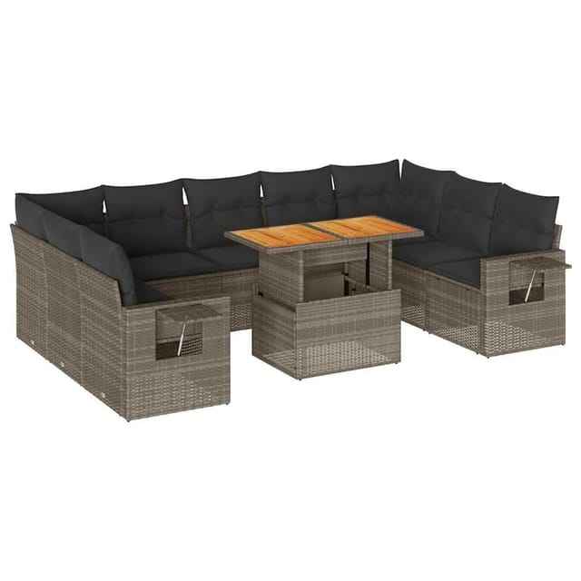 vidaXL 10-Tlg Garten-Sofagarnitur mit Kissen Grau Poly Rattan 3327196