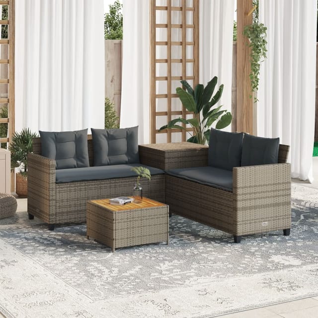 vidaXL Gartensofa in L-Form mit Tisch und Kissen Grau Poly Rattan 369037