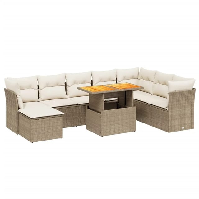 vidaXL 9-Tlg Garten-Sofagarnitur mit Kissen Beige Poly Rattan 3270974